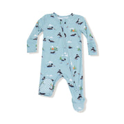Light blue baby onesie with duck pattern on a white background