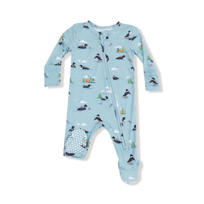 Light blue baby onesie with duck pattern on a white background