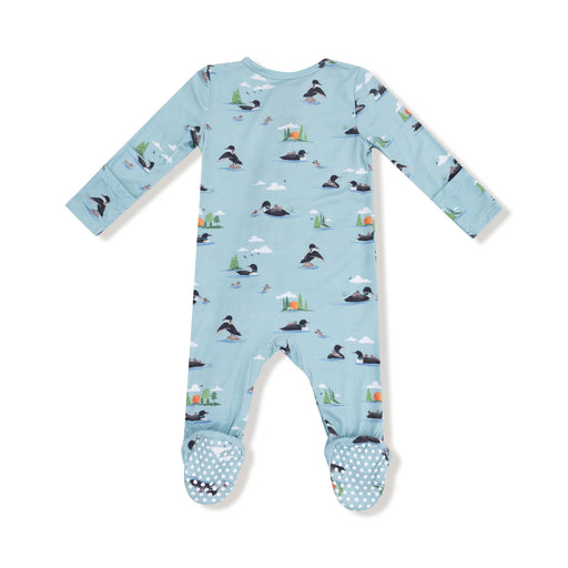 Baby onesie with duck pattern on a light blue background
