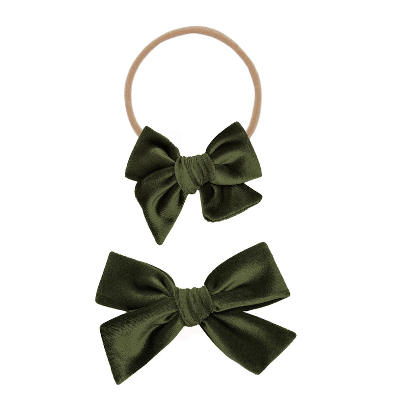 Two olive Lou Lou & Co hair bows on a white background