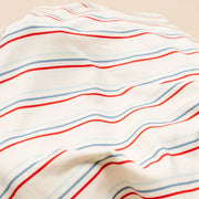 Close-up of fabric with red and blue stripes on a beige background