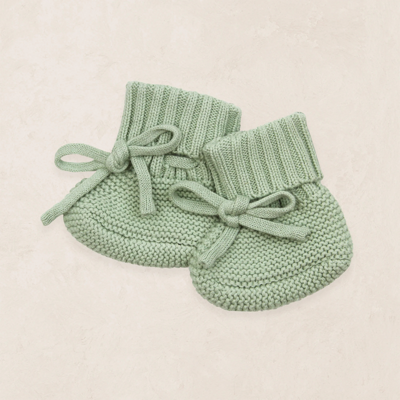 sage green knit baby booties
