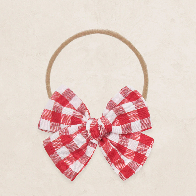 Lou Lou & Co Adventure Bow Headband in Red Gingham cotton muslin with soft nude nylon band
