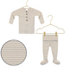 Lou Lou & Co Banks newborn top and bottom set in neutral tan and white stripe pattern displayed on hangers