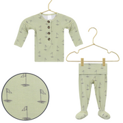 Lou Lou & Co Cal newborn top and bottom set in soft sage green with golf flag print, displayed on hangers