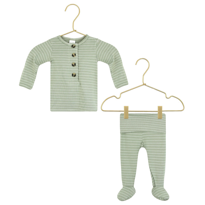 Lou Lou & Co Carson newborn top and bottom set in light green stripe pattern displayed on hangers