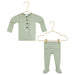 Lou Lou & Co Carson newborn top and bottom set in light green stripe pattern displayed on hangers
