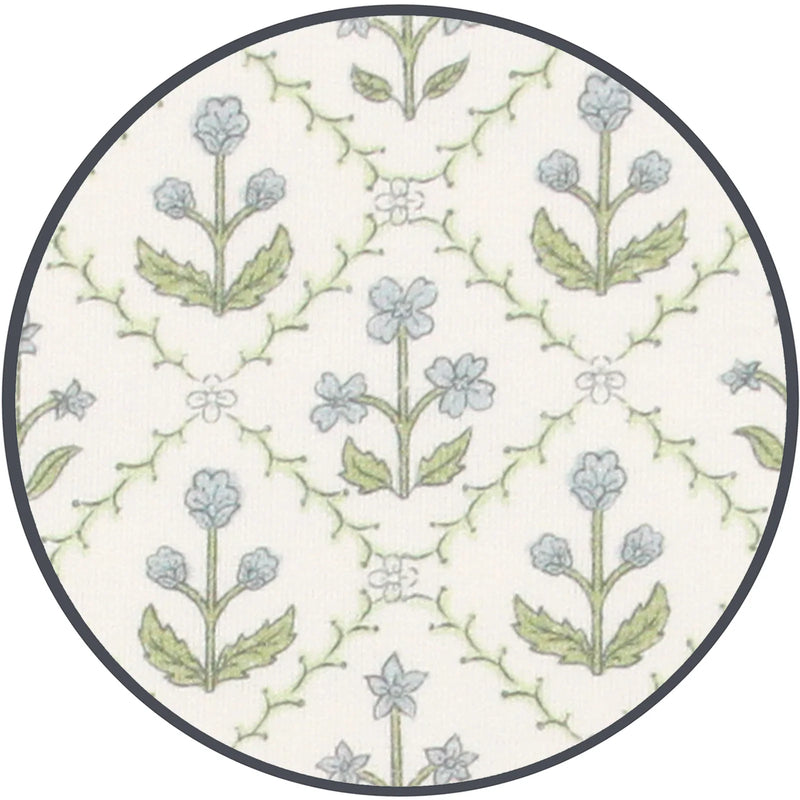 Close-up of Lou Lou & Co Etta fabric showing delicate blue flowers and green leaves in a repeating vine pattern on a creamy white background