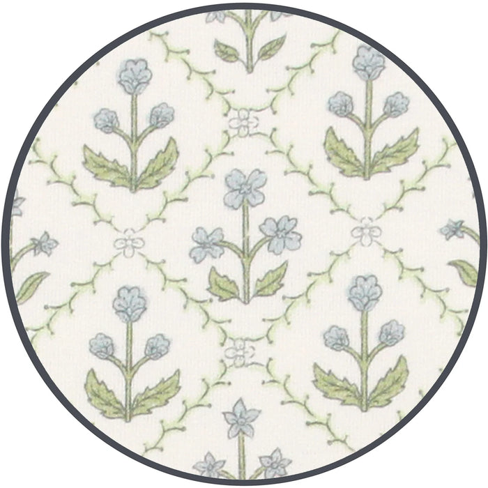 Close-up of Lou Lou & Co Etta fabric showing delicate blue flowers and green leaves in a repeating vine pattern on a creamy white background