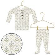 Lou Lou & Co Etta newborn top and bottom set in cream with blue and green floral print displayed on hangers