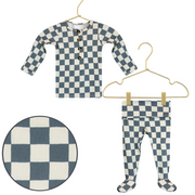 Lou Lou & Co Miles newborn top and bottom set in blue and cream checkered pattern displayed on hangers