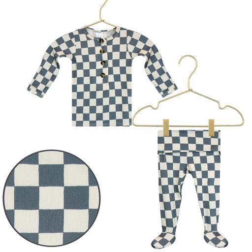 Lou Lou & Co Miles newborn top and bottom set in blue and cream checkered pattern displayed on hangers