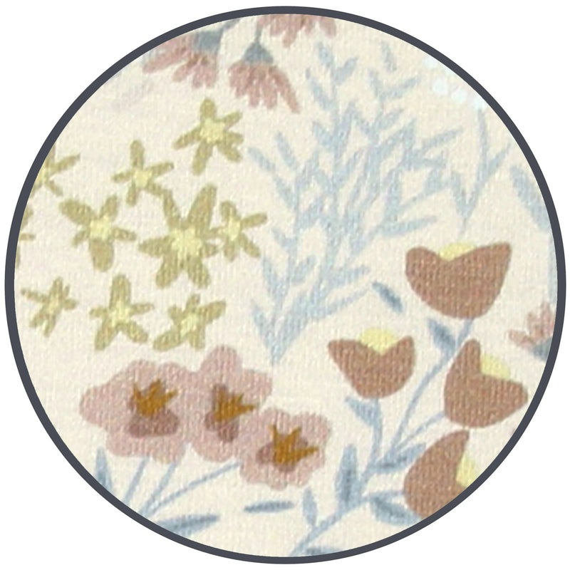 Close-up of Lou Lou & Co Pearl fabric showing delicate vintage-inspired flowers in muted cream, mauve, sage, and sky blue hues