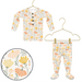 Lou Lou & Co Phoebe newborn top and bottom set in cream with orange, yellow, and peach floral print displayed on gold hangers