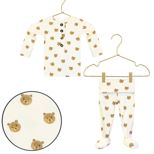 Lou Lou & Co Teddy newborn top and bottom set in cream with tan bear print displayed on hangers