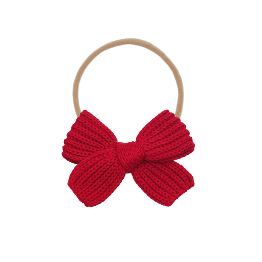 Lou Lou & Co Sweater Bow Headband in Red Chunky Knit with soft nude nylon band