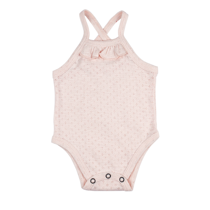 L'ovedbaby | Organic Pointelle Ruffle Criss-Cross Bodysuit | Cotton Candy