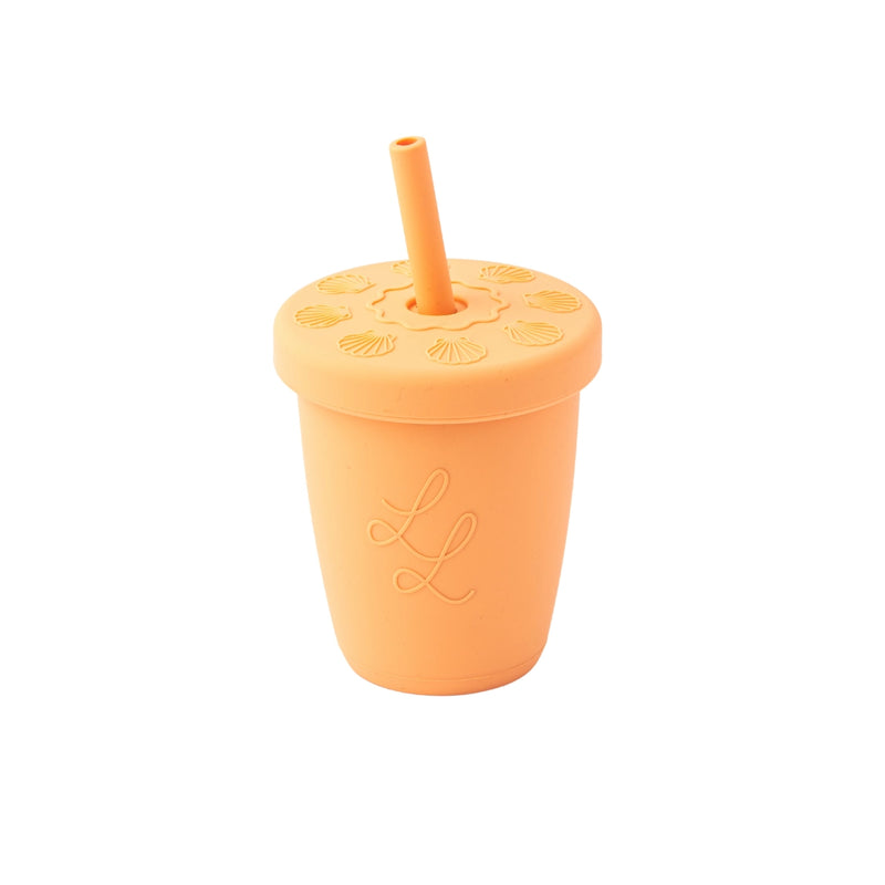 Orange tumbler with lid and straw on a white background