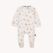 Baby magnetic footie sleeper with all-over friends print laid flat