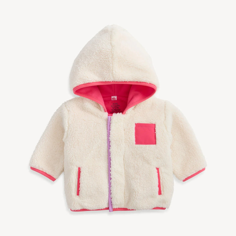 Magnetic Me girls gentle cream sherpa jacket with hood and stripe rib on white background