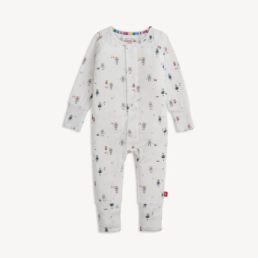 Magnetic Me Love You A Bot modal convertible coverall with foldover cuffs in white robot print on white background