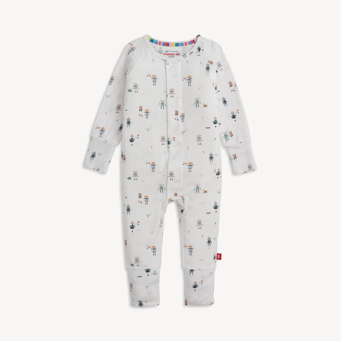 Magnetic Me Love You A Bot modal convertible coverall with foldover cuffs in white robot print on white background