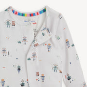 Close-up of neckline and magnetic placket on Love You A Bot modal coverall