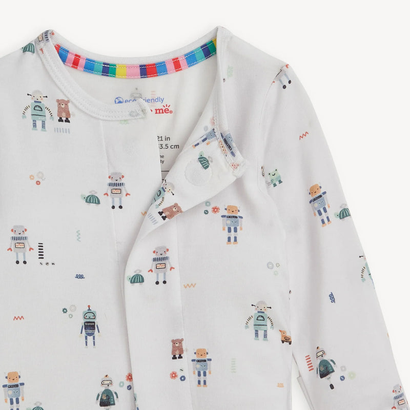 Close-up of neckline and magnetic placket on Love You A Bot modal coverall