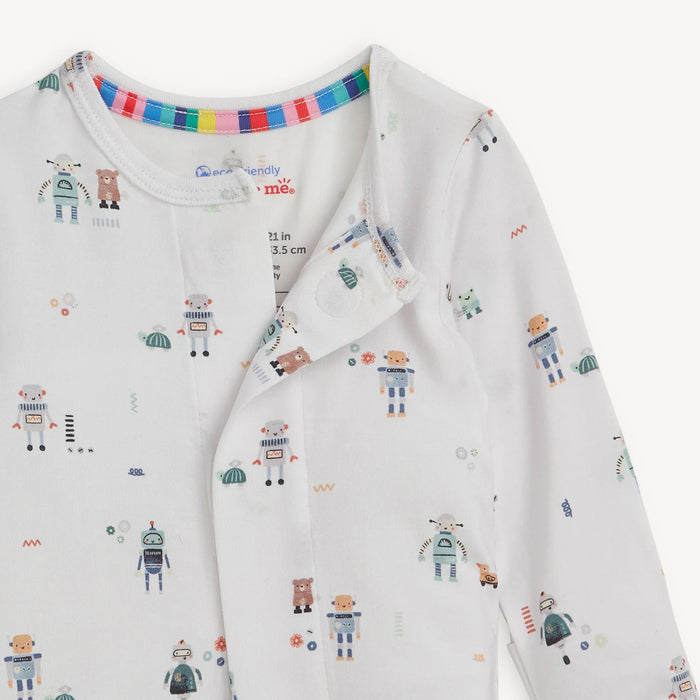 Close-up of neckline and magnetic placket on Love You A Bot modal coverall