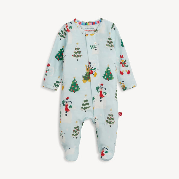 Baby footie in light blue with Mickey and Friends holiday print, full front view on white background