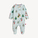 Baby footie in light blue with Mickey and Friends holiday print, full front view on white background