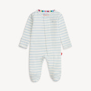 Magnetic Me organic cotton magnetic footie in blue stripe on white background