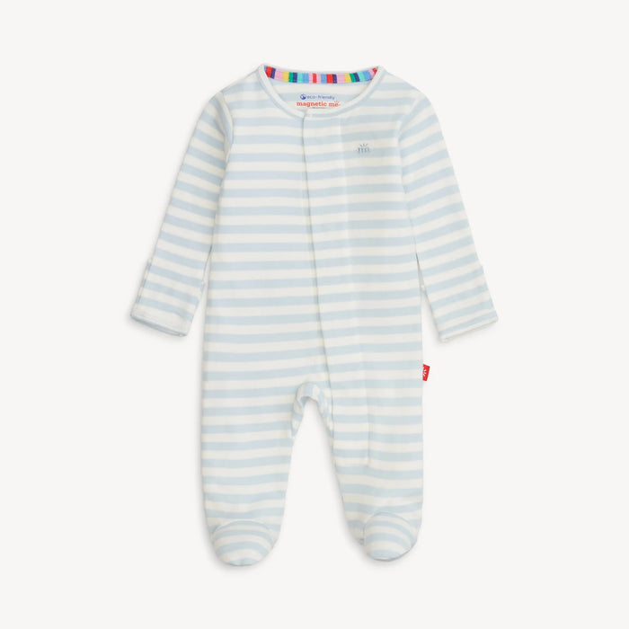 Magnetic Me organic cotton magnetic footie in blue stripe on white background
