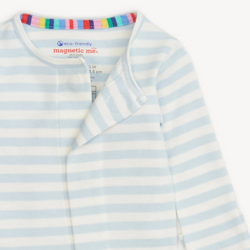 Neckline and magnetic placket detail of Magnetic Me blue stripe footie