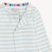 Neckline and magnetic placket detail of Magnetic Me blue stripe footie