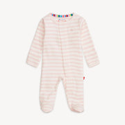 Magnetic Me organic cotton magnetic footie in pink stripe on white background