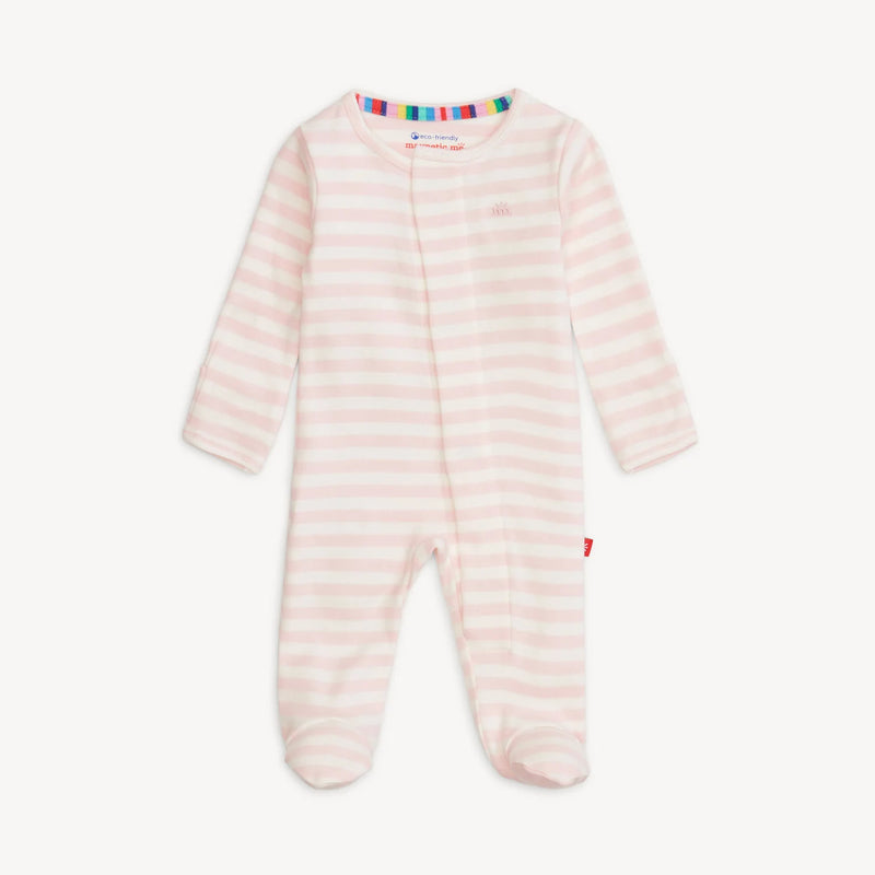 Magnetic Me organic cotton magnetic footie in pink stripe on white background