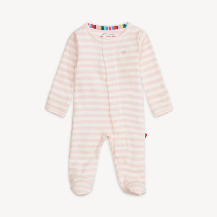 Magnetic Me organic cotton magnetic footie in pink stripe on white background