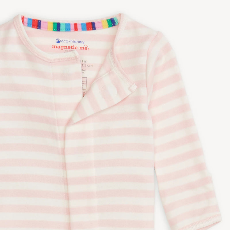 Neckline and magnetic placket detail of Magnetic Me pink stripe footie