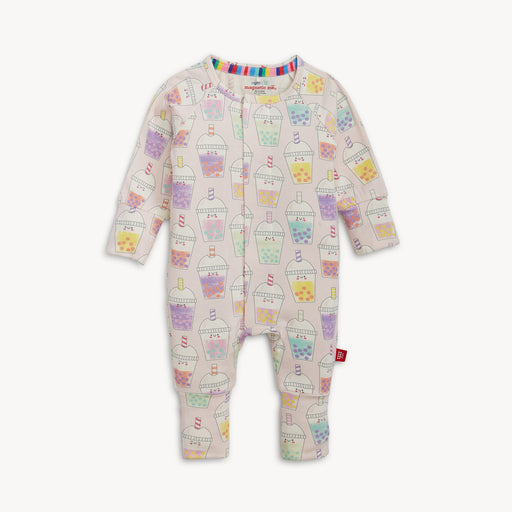Baby onesie with colorful patterns on a plain background