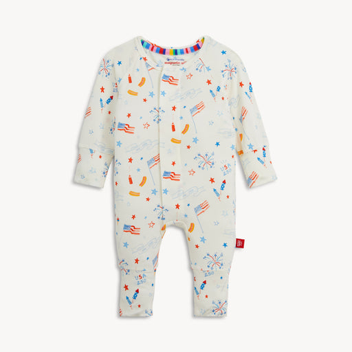Baby onesie with colorful patterns on a white background