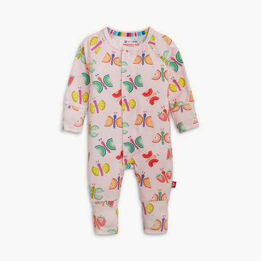 Baby onesie with colorful butterfly pattern on a white background