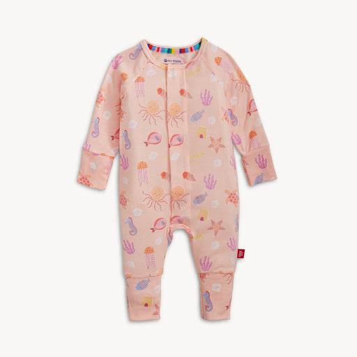 Baby onesie with sea-themed print on a white background
