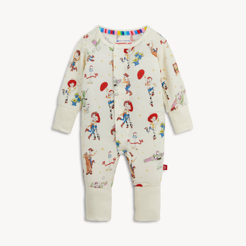 Baby onesie with Toy Story character print on a white background