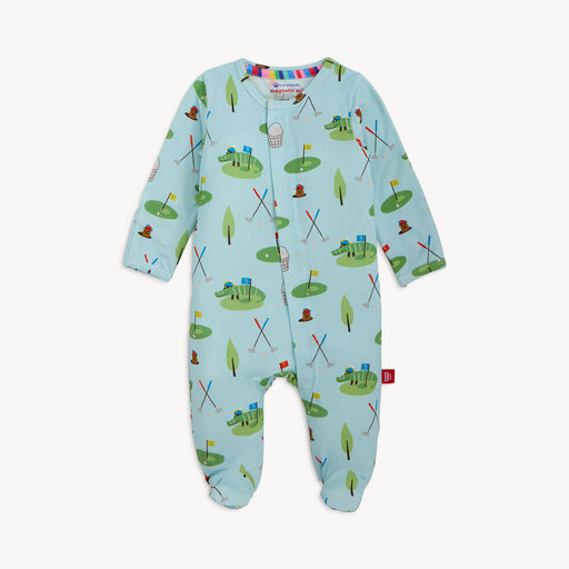 Baby onesie with golf pattern on a white background