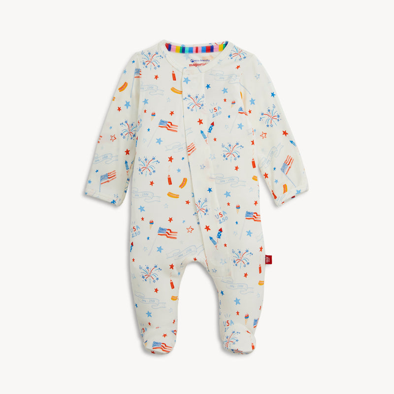 Baby onesie with colorful fireworks usa patterns on a white background