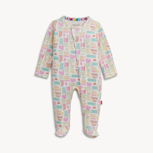 Baby onesie with colorful geometric pattern on a white background