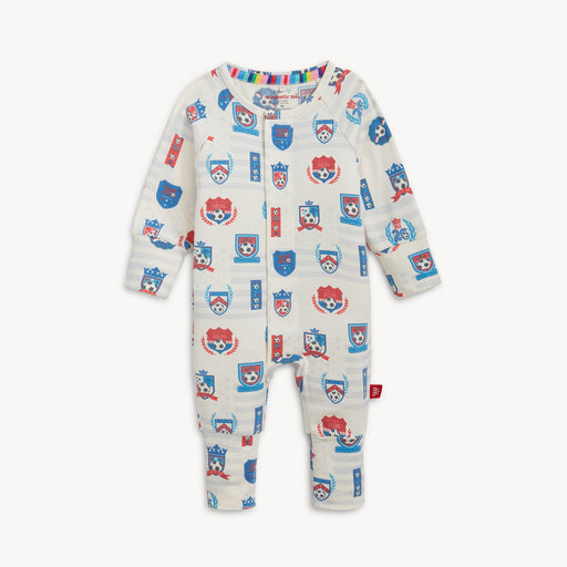 Baby onesie with colorful graphics on a white background
