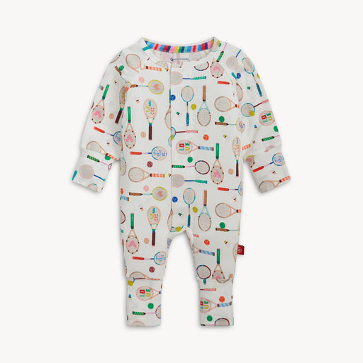 Baby onesie with sports-themed print on a white background