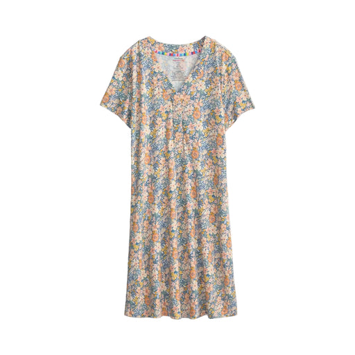 A short-sleeve V-neck dress with an all-over dense floral print in muted blue, beige, orange, and yellow tones, shown flat against a light off-white background.